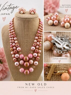 Vintage Pink Multi-Strand Bead Necklace & Clip-On Earrings - Japan